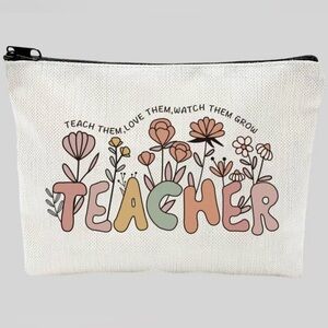 Boho teacher white floral cosmetic bag with matching keychain.
